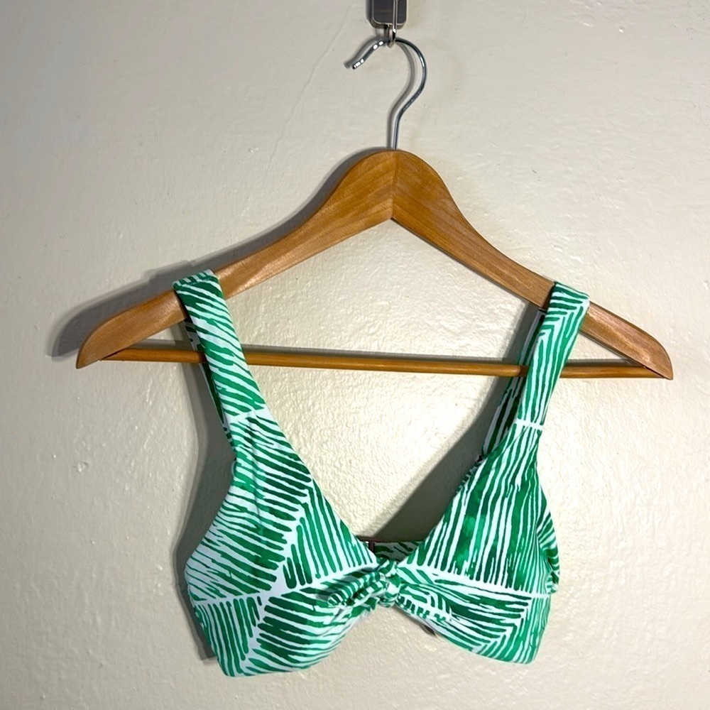 NWT CALIA Tie Front Bikini Swim Top Green Palm Stripe Tropical Print XXS Resort
